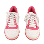 GUCCI women's white lace-up sneakers with pink accents and red rubber sole, pair view