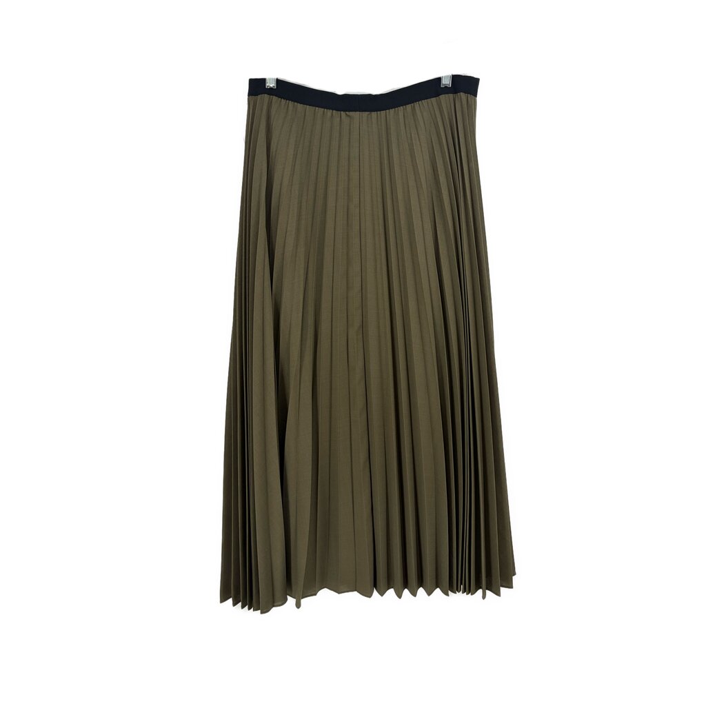 Pleated midi skirt, olive green with dark band waistband
