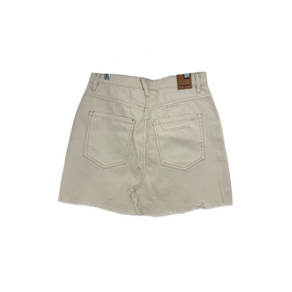 Cream denim mini skirt, back view with two patch pockets and waistband tag