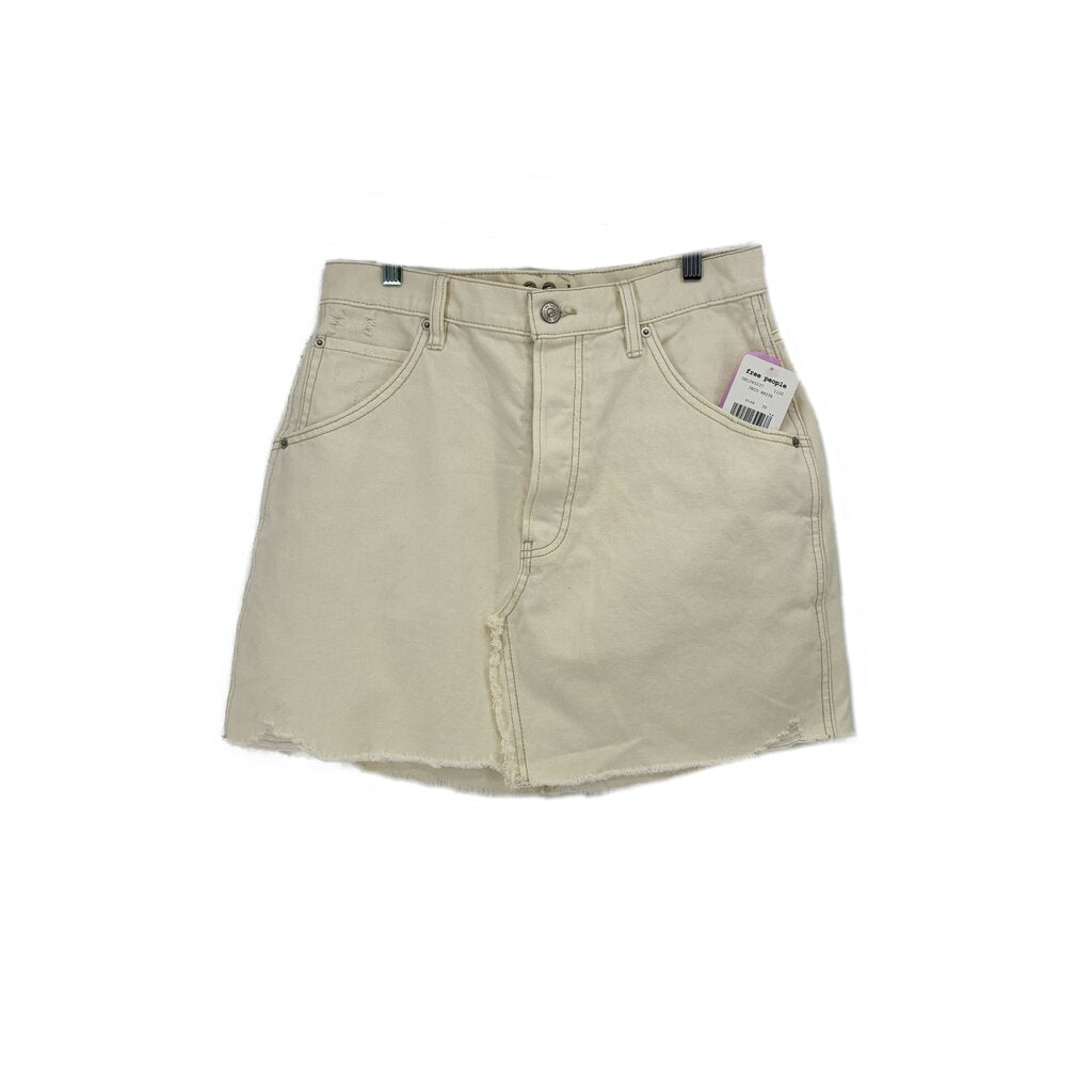 Cream denim mini skirt with button fly, front pockets, and belt loops