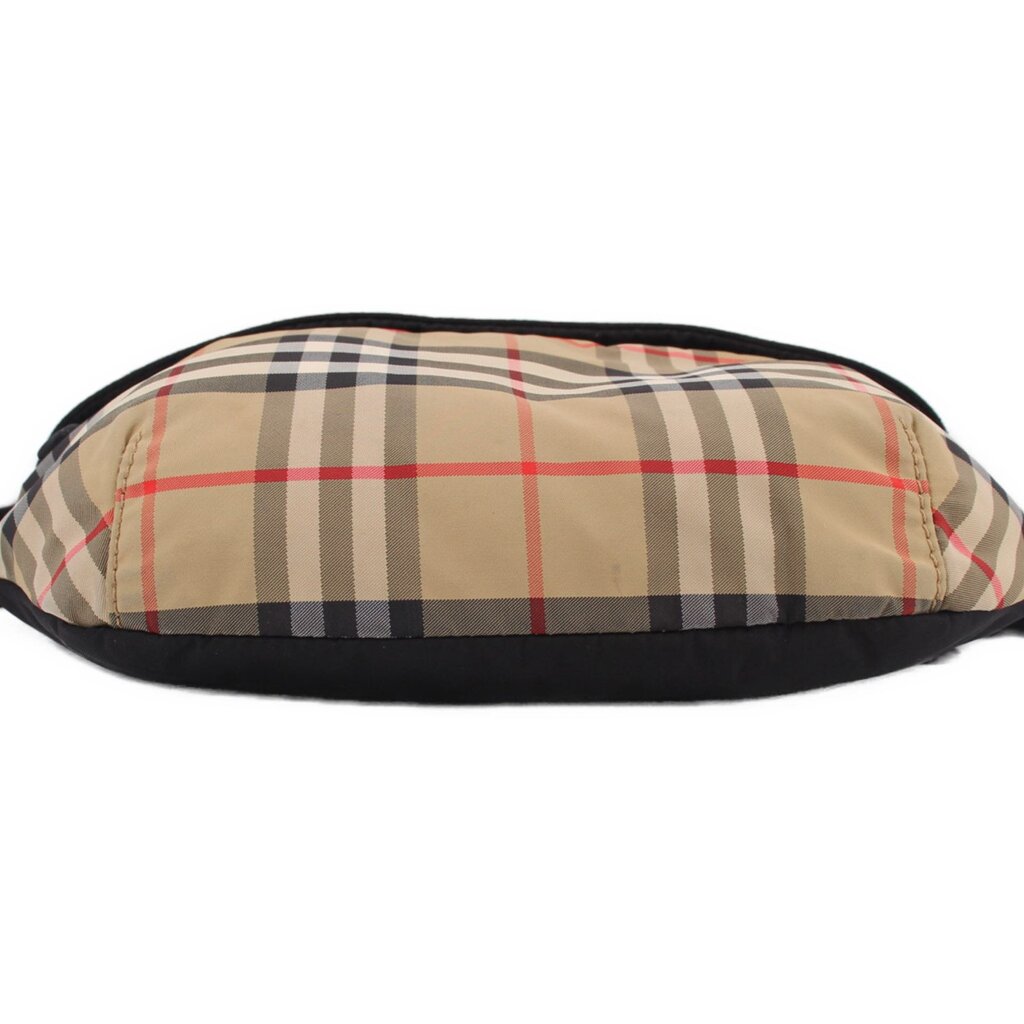 BURBERRY belt bag top view with tan check panel and black base trim