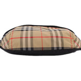 BURBERRY belt bag top view with tan check panel and black base trim