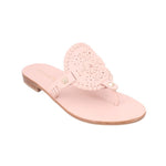 Pink thong sandals with floral cutout toe post and low wooden-look heel
