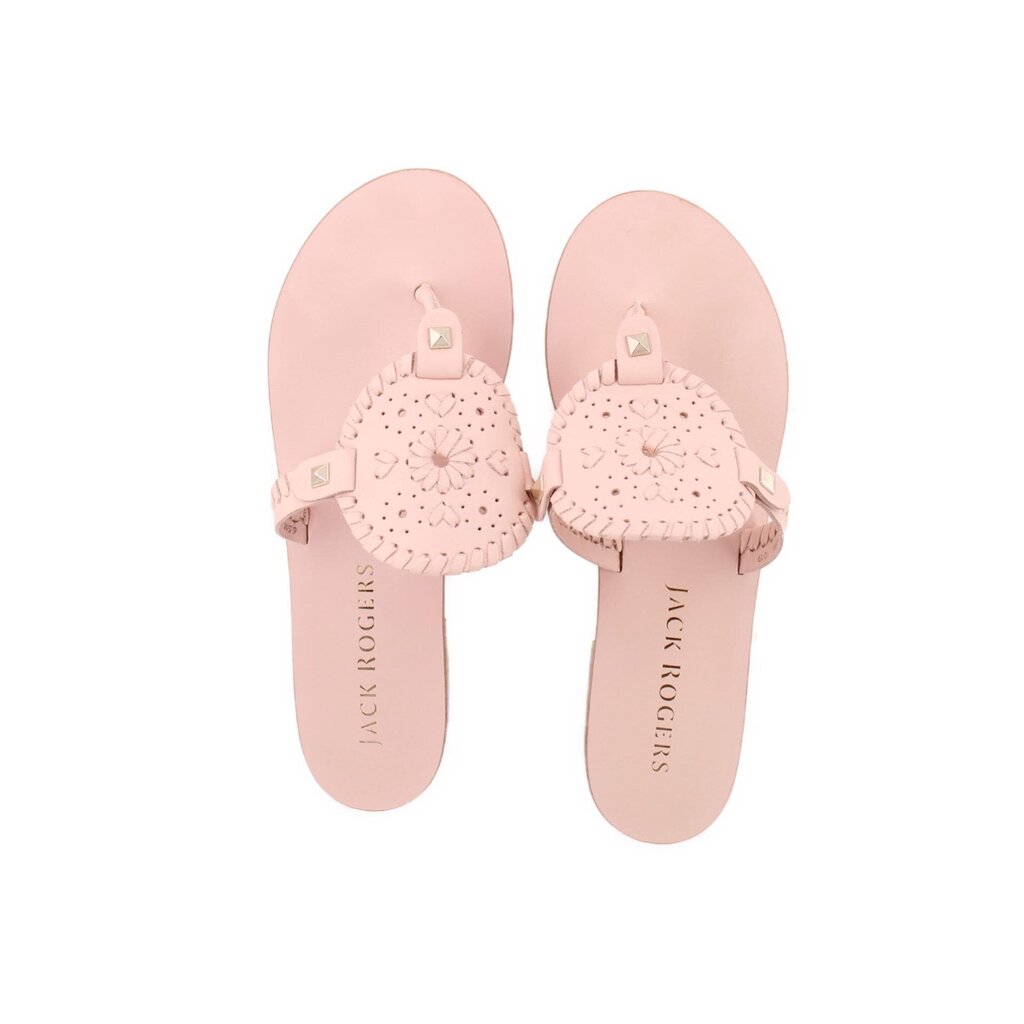 Pink thong sandals with two straps and embossed flower pattern at toe