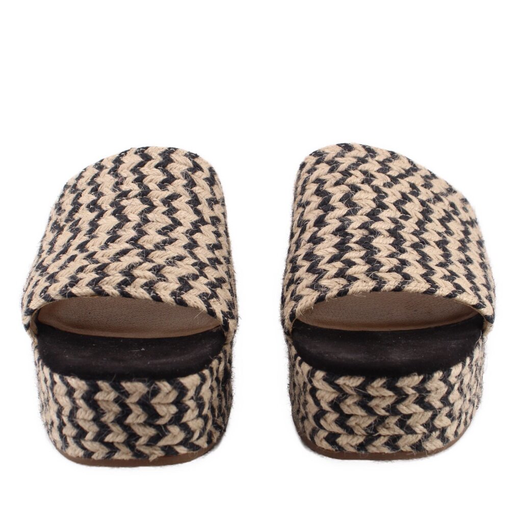 Woven espadrille platform mules with cream-and-black zigzag texture and open toe