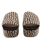 Woven espadrille platform mules with cream-and-black zigzag texture and open toe