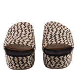 Woven espadrille platform mules with cream-and-black zigzag texture and open toe