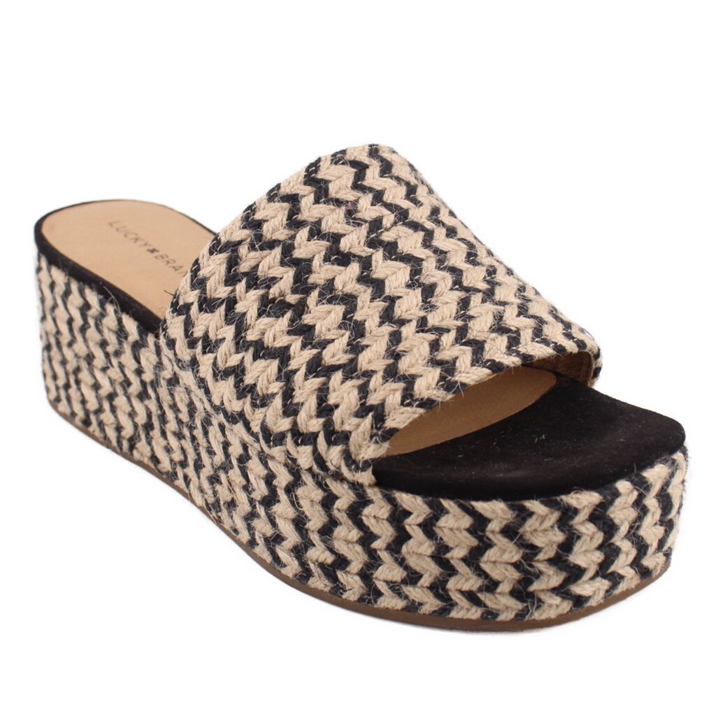Woven espadrille platform slide sandals with cream-and-black zigzag upper and black footbed
