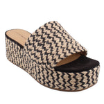 Woven espadrille platform slide sandals with cream-and-black zigzag upper and black footbed