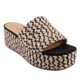Woven espadrille platform slide sandals with cream-and-black zigzag upper and black footbed