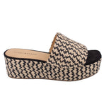 Woven espadrille platform slide sandals with black inner side and cream zigzag strap