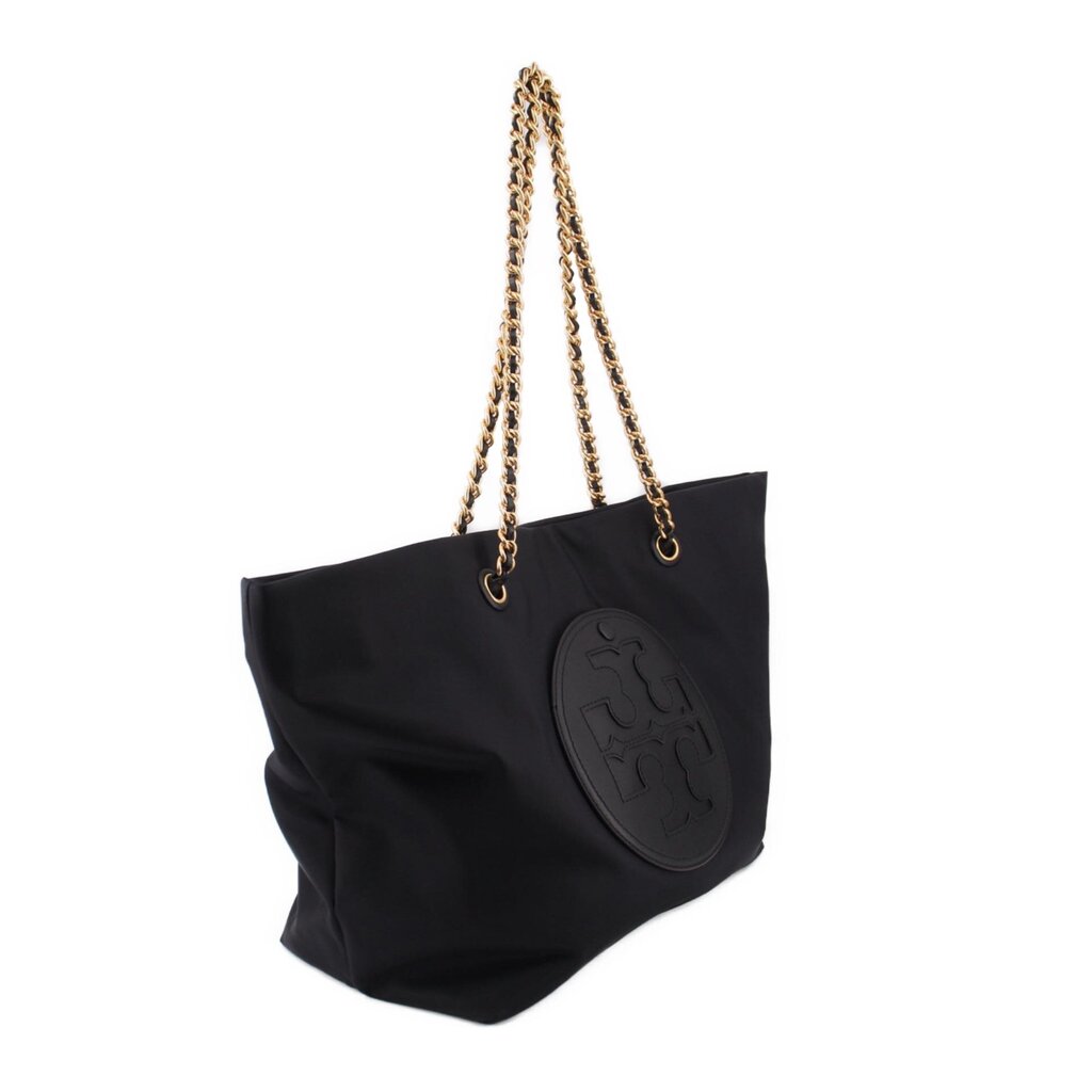 Black tote bag with gold-tone chain handles and large embossed front logo