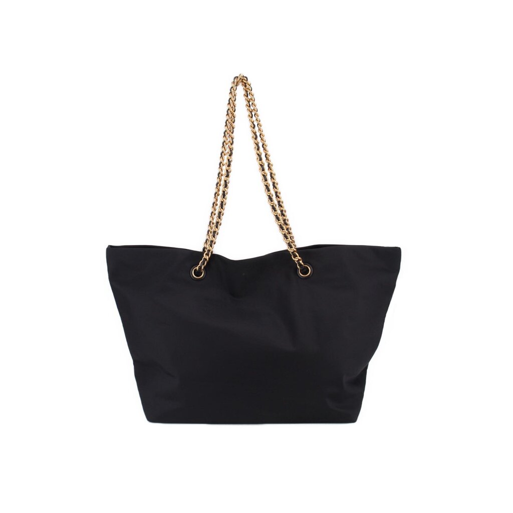 Black slouchy chain tote with gold-tone top handles and minimal front branding
