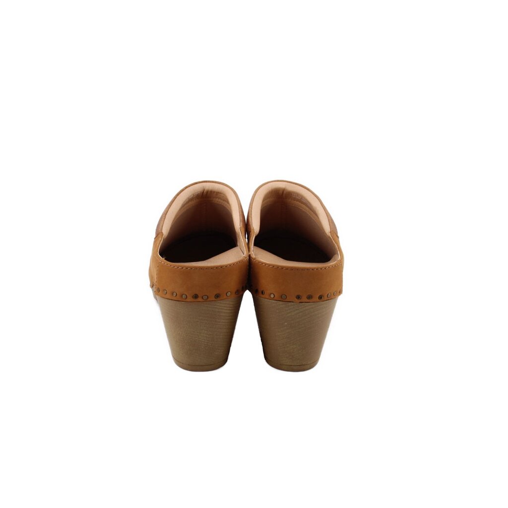 Camel leather mules showing open top and cushioned interior with stitching along edge