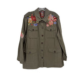 Embroidered dark green jacket with floral panels and button-front, chest pockets