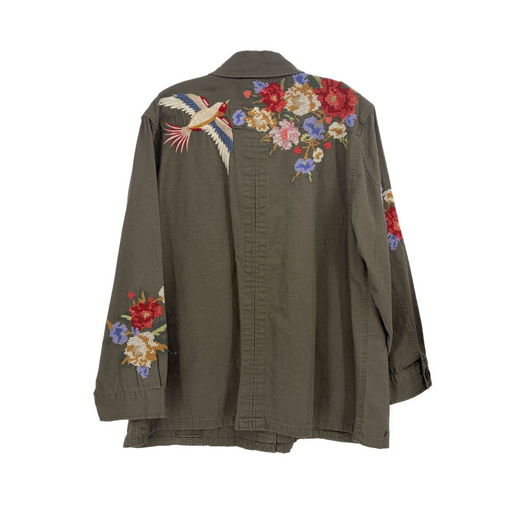Embroidered dark green jacket, back with birds and multicolor floral and button-front