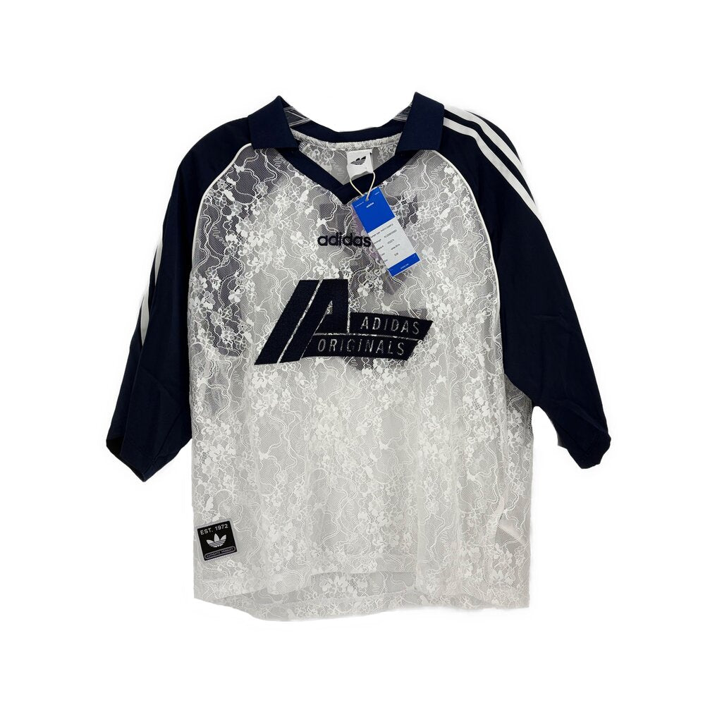 Adidas lace top, navy raglan sleeves, white lace body, striped shoulders, logo number