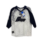 Adidas lace top, navy raglan sleeves, white lace body, striped shoulders, logo number
