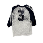 Adidas lace top, navy sleeves and striped shoulders, white lace front with large 3