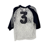Adidas lace top, navy sleeves and striped shoulders, white lace front with large 3