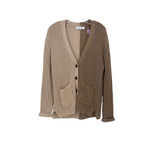 Tan cable-knit cardigan sweater with V-neck, button front, and two front pockets.
