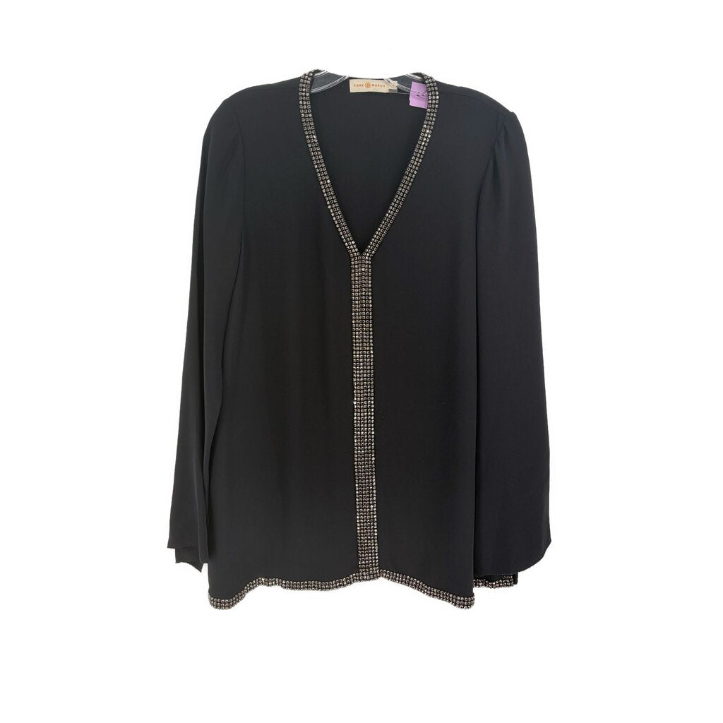 Black long sleeve top with V-neck and rhinestone-look trim along center and hem