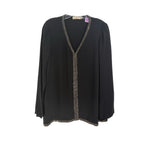 Black long sleeve top with V-neck and rhinestone-look trim along center and hem