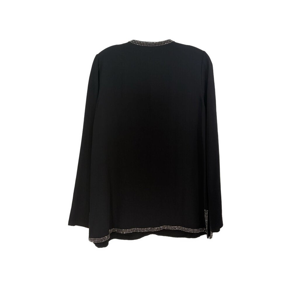 Black long sleeve top, crew-back with beaded trim at back hem and cuffs