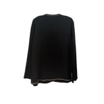 Black long sleeve top, crew-back with beaded trim at back hem and cuffs
