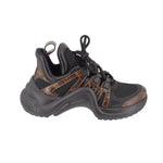 Archlight sneakers side view, black uppers with tan monogram stripe, lace-up