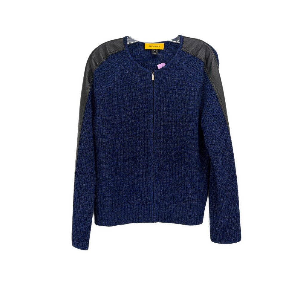 Blue knit zip-up jacket with black shoulder panels