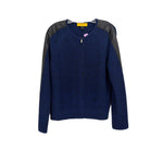 Blue knit zip-up jacket with black shoulder panels