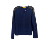 Blue knit zip-up jacket with black shoulder panels