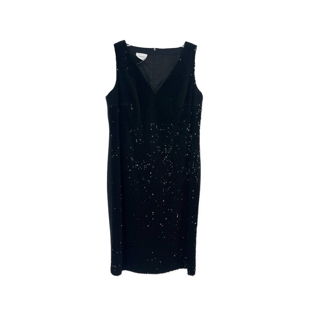 Sleeveless sequin sheath dress with V-neckline, dark black finish