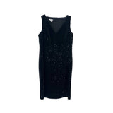 Sleeveless sequin sheath dress with V-neckline, dark black finish