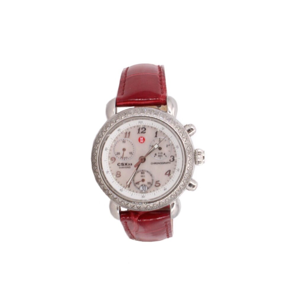 Michele alligator watch, red leather strap, stainless steel round case with crystal bezel