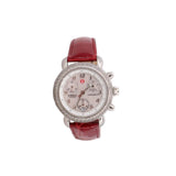 Michele alligator watch, red leather strap, stainless steel round case with crystal bezel