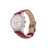 Michele alligator watch with red leather strap, stainless steel side profile and crowns