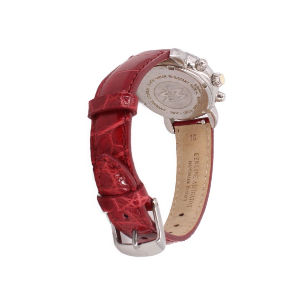 Michele alligator watch, red leather strap, stainless steel caseback with engraved details