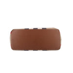 Tote bag with brown leather bottom panel and check canvas sides in red and black blocks