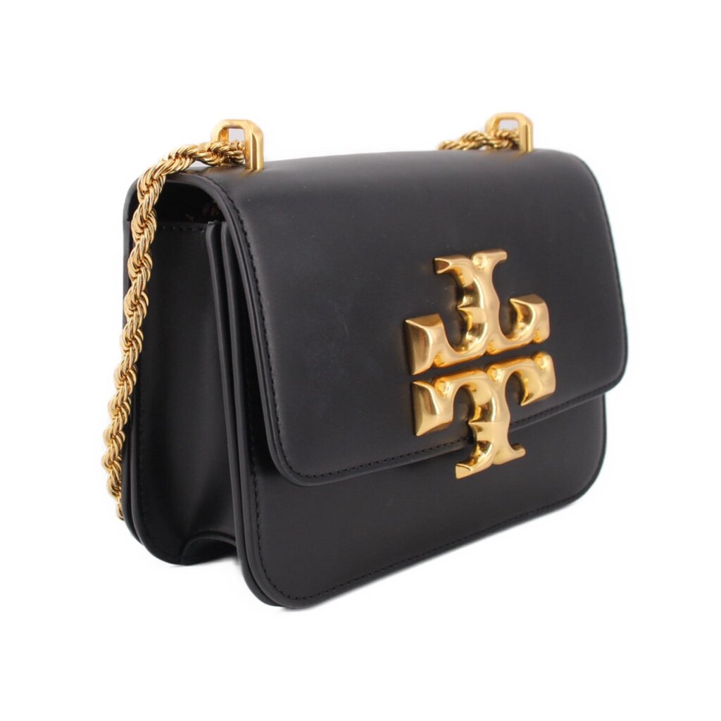 Black leather crossbody bag with gold logo front and braided chain shoulder strap