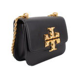 Black leather crossbody bag with gold logo front and braided chain shoulder strap