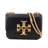Black leather crossbody bag with gold logo clasp and braided chain strap