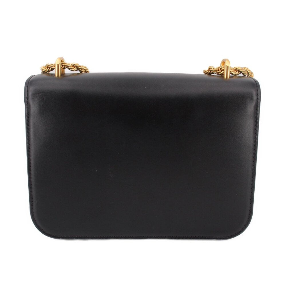 Black leather crossbody bag with gold top chain hardware