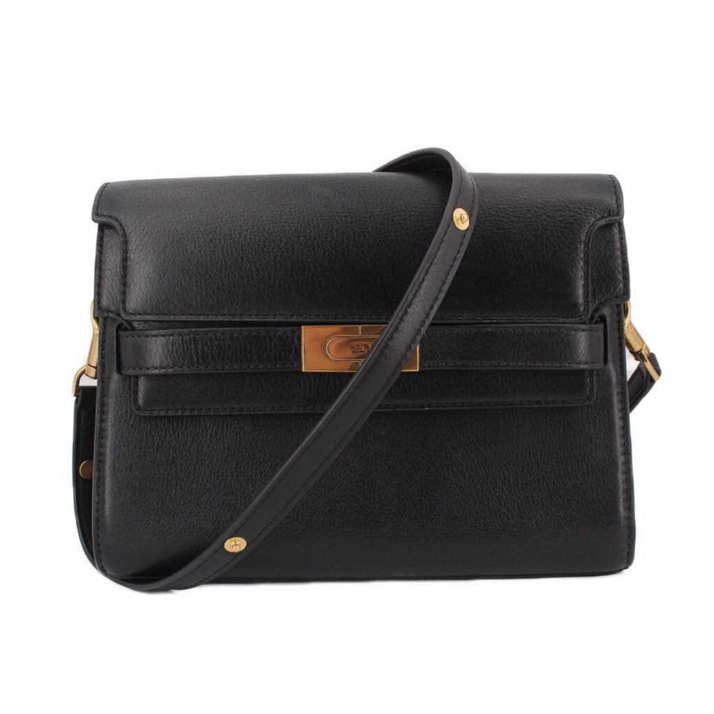 Black leather shoulder bag with flap, gold hardware, and adjustable crossbody strap