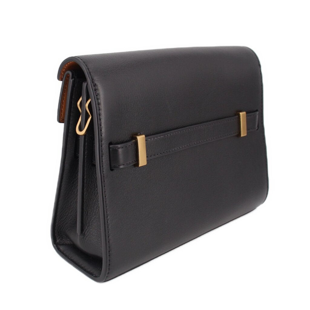 Black leather shoulder bag angled side view with chain strap hardware and gold-tone bar