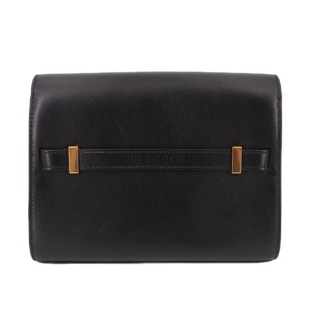 Black leather shoulder bag back with stitched strap panel and gold-tone bar closures