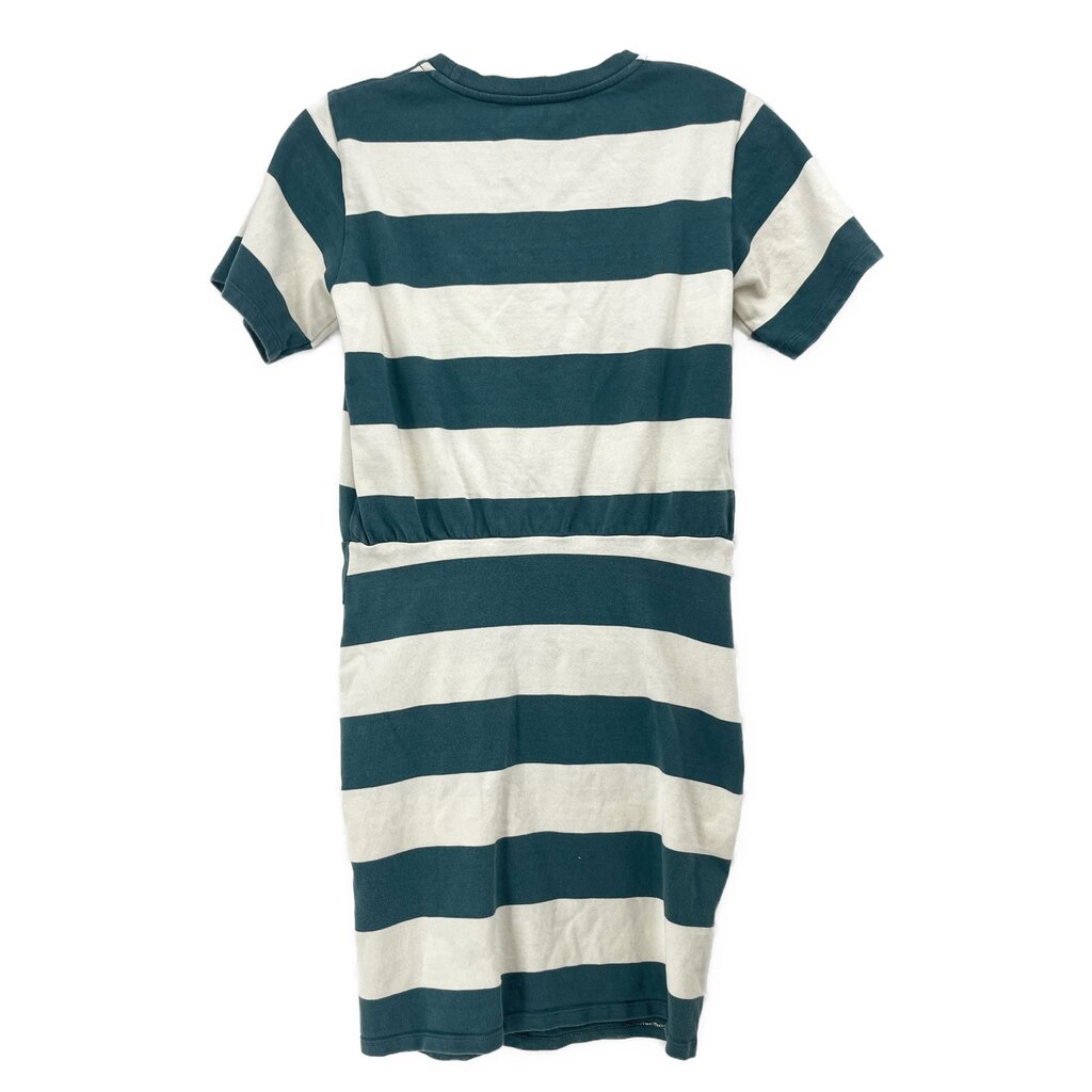 VERONICA BEARD striped knit dress, crew neck, short sleeves, teal and cream stripes