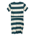VERONICA BEARD striped knit dress, crew neck, short sleeves, teal and cream stripes