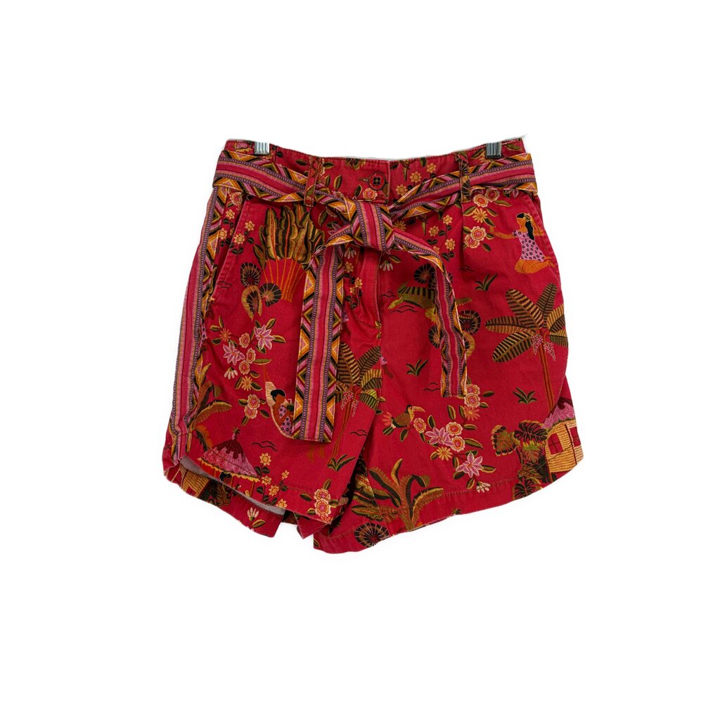 Coral-red print shorts with tie waist and wide belt loops